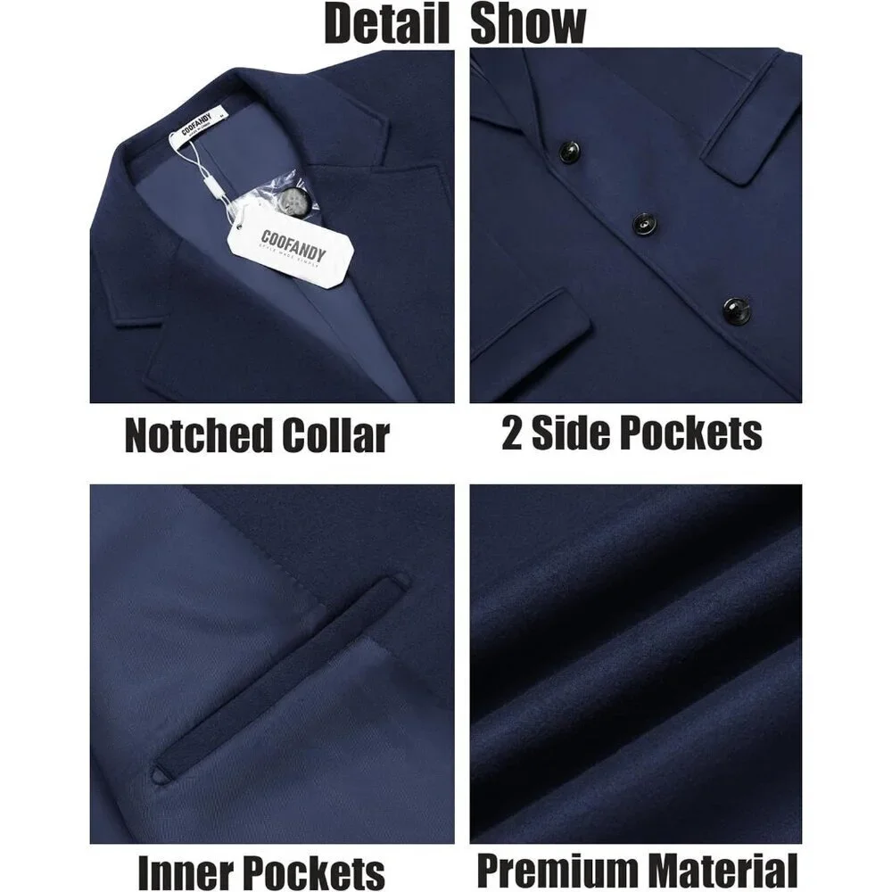 Men's Navy Blue Trench Coat Long Casual Notched Collar Wool Blend Pea coat